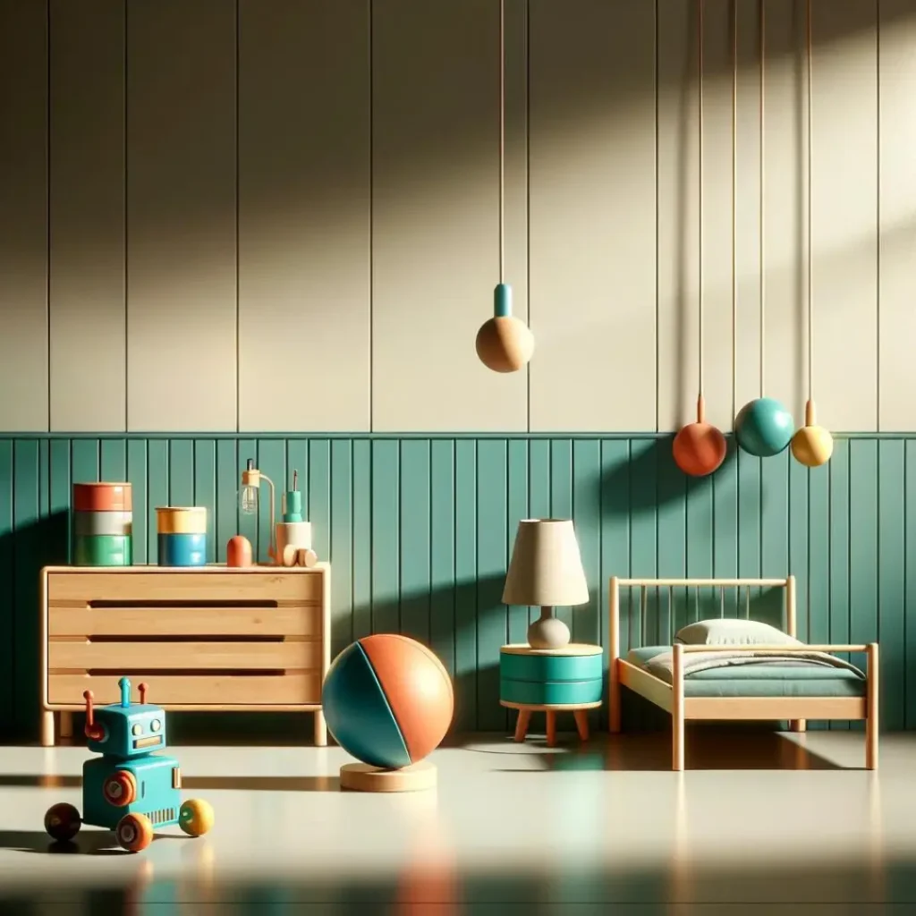 A child's bedroom plays the role of a memory palace. It contains five items (loci) from left to right. These will be used to memorise a deck of cards.