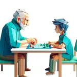 A grandfather and his grandson sat opposite each other, playing a board game together.