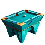 An origami-style pool table in the brand colours teal and orange.